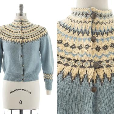 Vintage 1940s 1950s Cardigan | 40s 50s Norwegian Fair Isle Knit Wool Light Blue Button Up Sweater Top (small/medium) 
