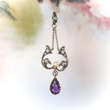 Antique Victorian Pear Amethyst, Seed Pearl And Old Diamond Pendant 14K and Silver 