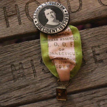 Vintage Rebekah Assembly Odd Fellows IOOF Ribbon and Photograph Portrait Button: Sabra S. Stoughton, President, 1937-1938, Connecticut 