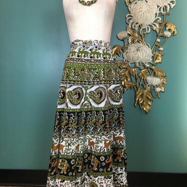 vintage maxi skirt, indian wrap, novelty print, vintage maxi skirt, olive green cotton, medium, midi dress, tie waist, elephant, peacock, 28 