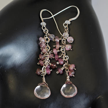 Romantic 70's garnet rock crystal sterling hippie dangles, 925 silver rose cut gradated color gems clear teardrop quartz bohemian earrings 