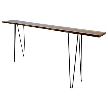 Contemporary Modern Live Edge Wood Console Foyer Table on Black Hairpin Legs 