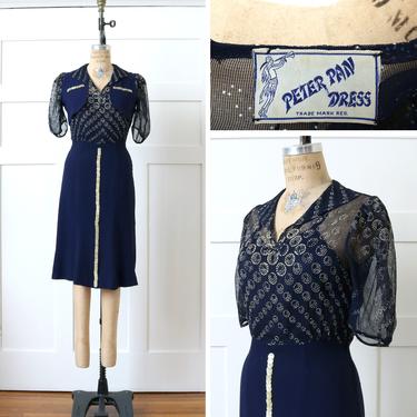vintage 1930s dress & vest • deco era navy blue rayon crepe and sheer net dress set • puff sleeves and polka dots 