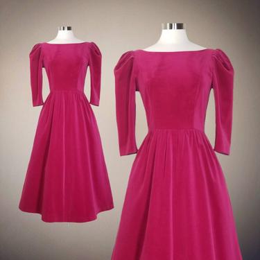 Vintage Velveteen Dress, Small / Dark Pink Swing Dress / Fit and Flare Party Dress / Princess Prom Dress / 1980s Puffy Sleeve Cocktail Dress 