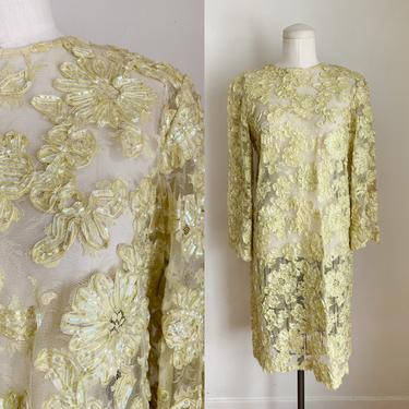 Vintage 1960s Yellow Lace Overlay Dress (as is) / M 
