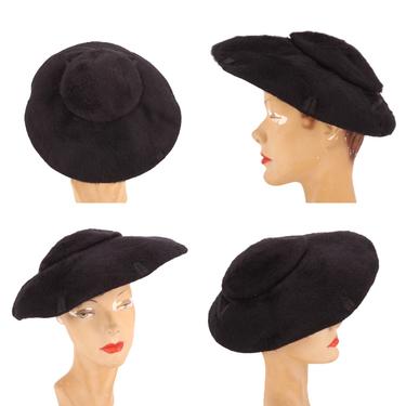 1940s black felt disc portrait hat 22.5 / vintage 40s SAKS silk trim New Look dinner plate brim hat cocktail fascinator or tilt 50s 