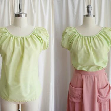 1950s Limeade Green Peasant Blouse | Vintage Top | Puff Sleeves | by Pom Pom 