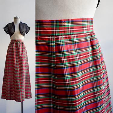 1970s Red Plaid A Line Maxi Skirt 