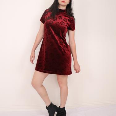 Mock-neck Crushed Velvet Shift Dress/ 90s Mini Dress/ Red Flower Power Dress/ Mock turtleneck Dress/ 90s does 60s/ Mod Mini Dress/ Size L 