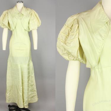 1930s Chartreuse Gown with Bolero · Vintage 30s Pale Green Evening Dress with Matching Cropped Jacket · Medium by RelicVintageSF