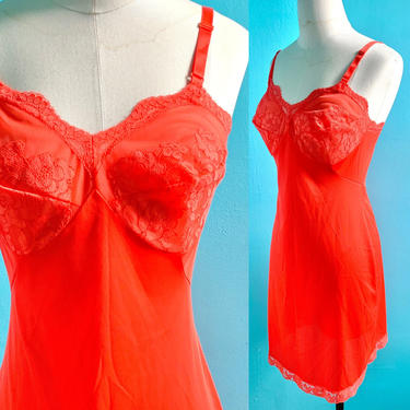 Red Slip Dress Nightie, Sweetheart, Sheer Illusion Lace, Artemis, Vintage 60s Lingerie 