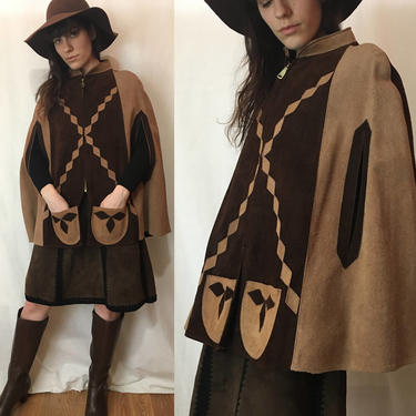 Vintage 1970s Leather Cape | Two Tone Patchwork Zip Front Poncho Tunic Cape M/L | Genuine Leather Made in Mexico 