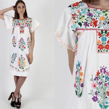 White Cotton Mexican Dress, Womens Beach Cover Up Dress, Flutter Sleeve Dress, Vintage Bright Floral Heavily Embroidered Mini Dress 