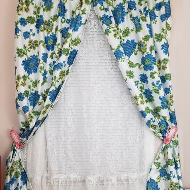 Vintage 1950's Pinch Pleat Curtains / 60s Blue Floral Print Fiberglass Drapes / 2 Panels 