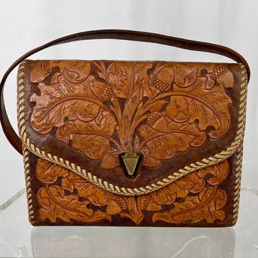 Vintage 1950s Brown Western Style Hand Tooled Top Handle Handbag 