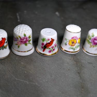 Set of 5 Vintage Porcelain Thimbles - Instant Collection - Flower and Bird Thimbles | FREE SHIPPING 