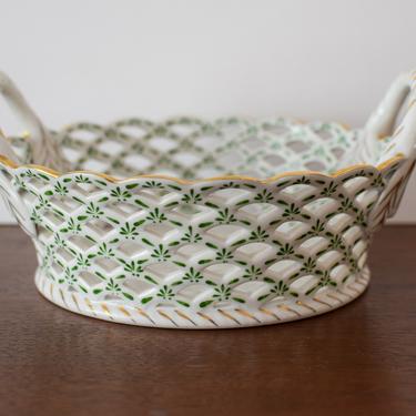 Pierced White Porcelain Basket with Handles. Large Reticulated Cut Out Bowl.  Braided Ceramic White Dish with Green Details. 