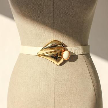 Vintage 80s Alexis Kirk White Snakeskin Adjustable Skinny Belt w/ Gold Art Deco Clip Buckle | 100% Genuine Snakeskin | 1980s Designer Belt 