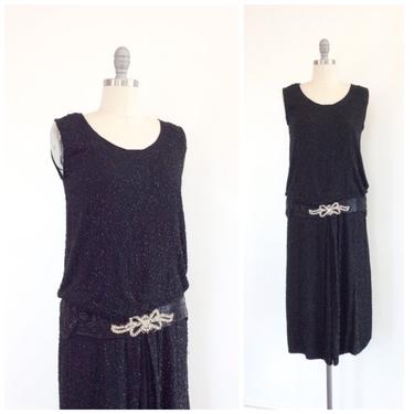 FINAL SALE /// 20s Black Heavily Beaded Dress / 1920s Vintage Black &amp; Rhinestone Party Dress / Small / Size 4 - 6 