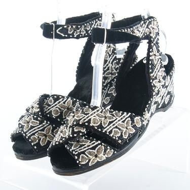 RARE Vintage 1940s Shoes | 40s Beaded Velvet Wedge Heels White Black Peep Toe Ankle Strap Sandals (US 8) 