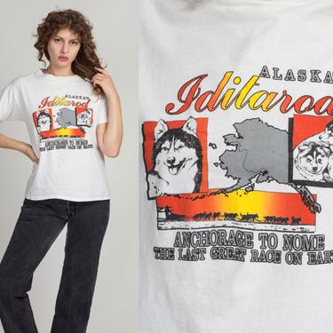 80s Iditarod Alaska Sled Dog Graphic Tee - Large | Vintage White Animal Racing T Shirt 