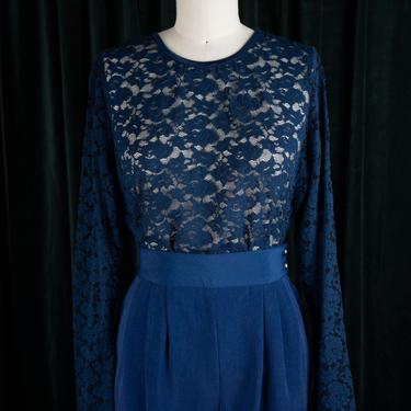 Vintage NWT 1990s Laura Ashley Navy Blue Long Sleeved Lace Top 