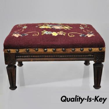 French Country Louis XVI Burgundy Needlepoint Small Petite Footstool Ottoman