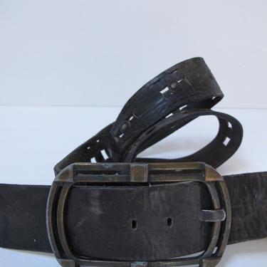 Large Boho Vtg Distressed Leather Belt Wide Leather Belt Womens Medieval Leather Belt Art Deco Mens Cut out Silver Buckle Dark Gray Hip Belt 
