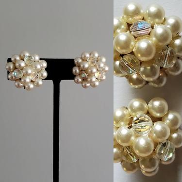 Vintage 1960's Faux Pearl and Crystal Bead Clip-on Earrings 60s Jewelry 60's Accessories - Vintage Pinup Jewelry 