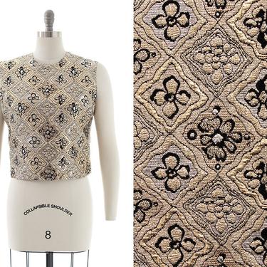 Vintage 1960s Shell Top | 60s Metallic Floral Harlequin Geometric Gold Silver Black Sleeveless Holiday Party Formal Blouse (small/medium) 