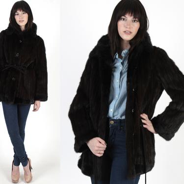 Womens Cropped Mink Fur Jacket , Vintage 70s Thin Corded Mahogany Mink Coat , Real Plush Natural Darkest Brown Opera Button Down Jacket 