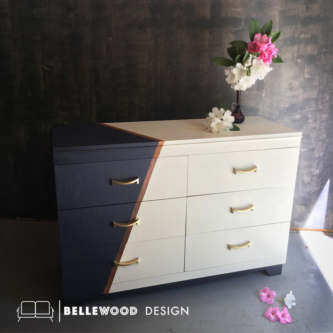 Early Mid Century Modern Late Deco Six Drawer Dresser In Navy And
