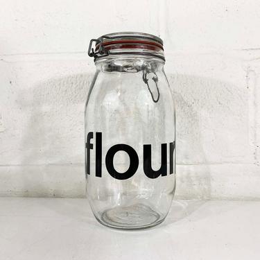 Vintage Glass Kitchen Canister MCM Typography Flour Baking Storage 2 Liter Triomphe France Hermetic Seal Top Metal Wire Bale 