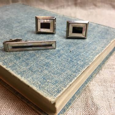 Mother of pearl cuff links and tie clip set - vintage 1980s accessories 