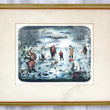 Mid Century Modern Emil Weddige Framed Signed Lithograph Ice Fisherman 