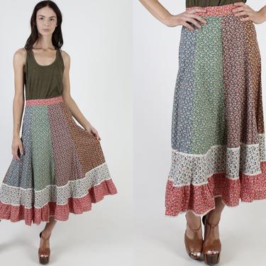 Vintage 70s Calico Floral Skirt Patchwork Stripe Country Prairie Farm Tiered Maxi Skirt 