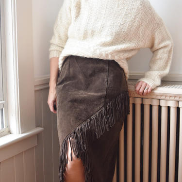 Vintage Chocolate Brown Suede Fringe Skirt | L-XL 
