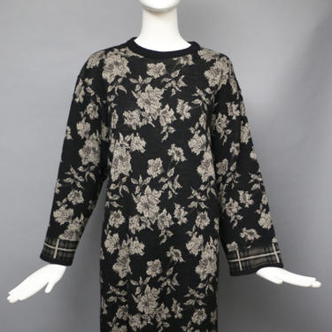 80s 90s KENZO graphic floral oversized knit sweater DRESS tunic gray black small medium vintage 1980s 