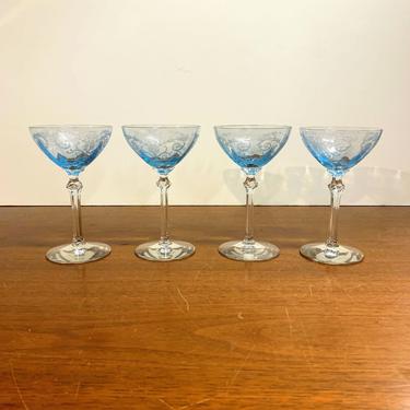Vintage Fostoria Glass Versailles Blue Liquor Cocktail Glasses Set of 4 Stem 5098 Etch 278 