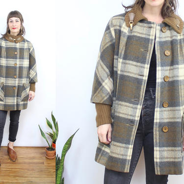 Vintage 60's 70's Green and Brown Plaid Swing Coat / 1960's 70's Neutral Plaid Wool Plaid Coat / Women's Size Small Medium 
