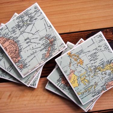 1947 Australia and Oceania Handmade Repurposed Vintage Map Coasters Set of 6 - Ceramic Tile - Repurposed 1940s Atlas - New Zealand Fiji 