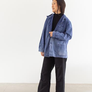 Vintage Blue Chore Jacket | Sun Faded Unisex Herringbone Twill Cotton Utility Work Coat | L XL | FJ004 