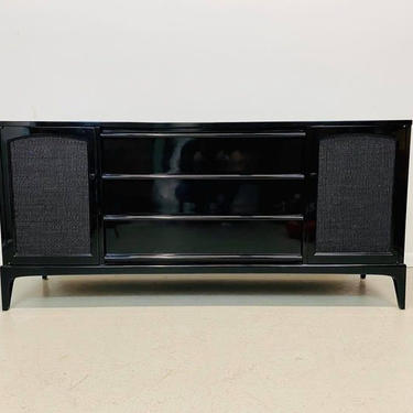 mid century modern long low black lacquer piano finish Lane Rhythm credenza with reversible caned doors 