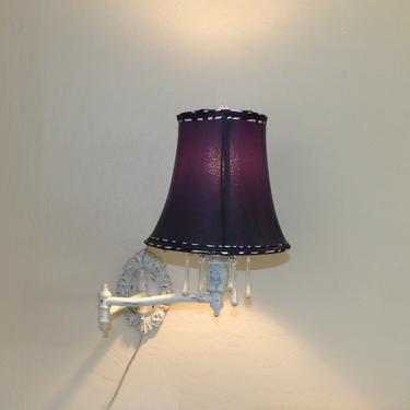 Pair of Bedroom Wall Lamps White Metal Articulating French Provincial Country Farmhouse Shabby Chic Dark Purple Shades With Crystals 