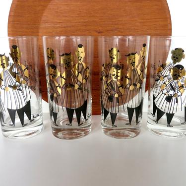Set of 4 Gay Fad Barbershop Quartet Highball Glasses, MCM Gold And Black Retro Cocktail Tumblers 