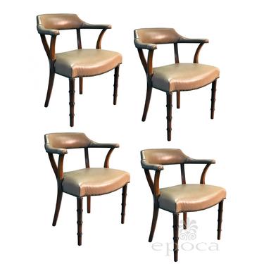 a stylish mid-century set of 4 game chairs upholstered in taupe leather; by barnard and simonds furniture co. Rochester, NY