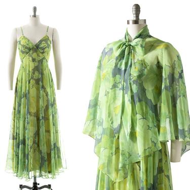 Vintage 1970s Dress Set | 70s MIKE BENET Floral Printed Chiffon Green Spaghetti Strap Maxi Gown with Matching Capelet Shawl (small) 