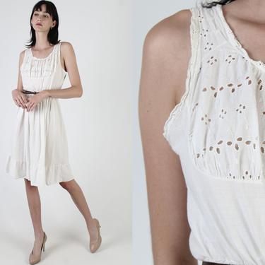 Vintage 50s White Eyelet Dress / Simple One Color Cut Out Dress / Plain Thin Cotton Nightgown / Womens Delicate Evening Slip 