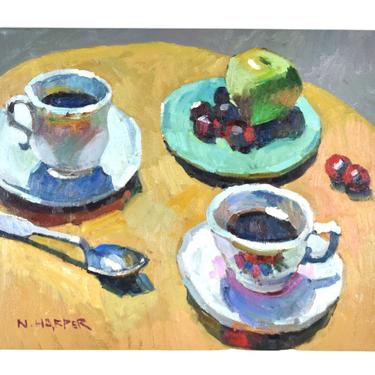 Vintage Impressionist Still Life Oil Painting Teacups with Apple and Cherries 