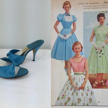 BBQ'ing with Elegance - Vintage 1950s Rare Cerulean Blue Leather Springolator Skyscraper Mules Heels Shoes - 7 1/2M 